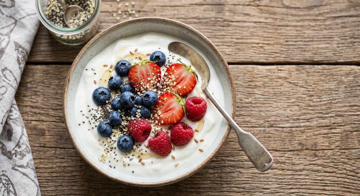 Bowl of yogurt with strawberries, blueberries, raspberries, and sprinkled seeds