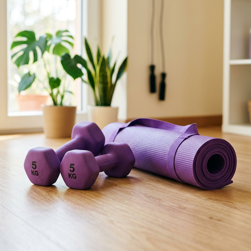 Purple 5 kg dumbbells beside a rolled purple yoga mat on a wooden floor