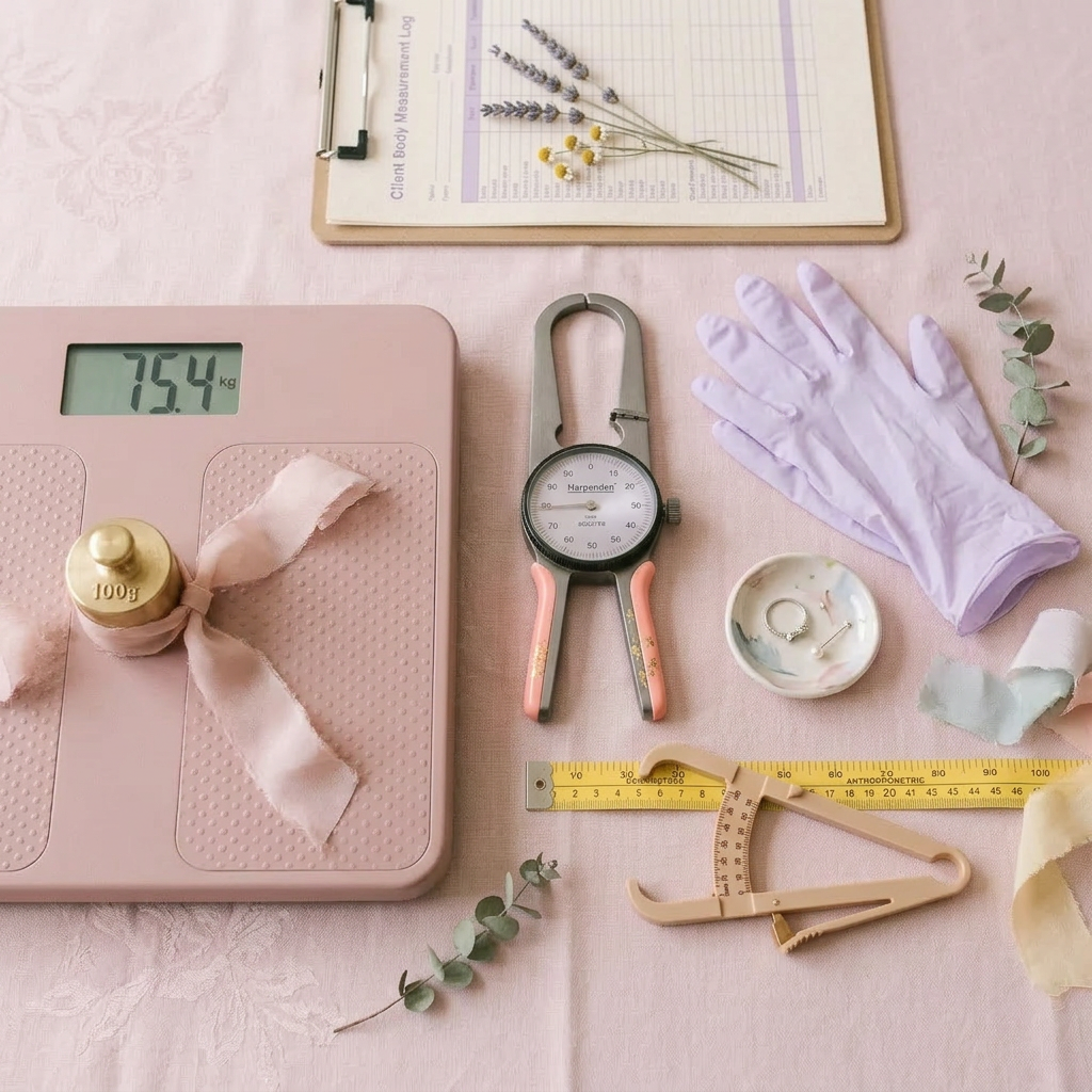 Body weight scale showing 75.4 kg, body fat caliper, measuring tape, disposable gloves, and client body measurement log